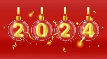 3d Gold Ballon 2024 Neu Jahr Symbol im Glas Bälle. machen golden 2024 Nummer Urlaub Party Dekoration. metallisch Ballon glänzend Schriftart. Neu Jahr und Weihnachten Feier. realistisch Vektor Illustration