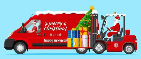 Santa claus im rot Gabelstapler geladen mit Stapel von Geschenk Kisten und van LKW. Weihnachten die Geschenke Lieferung und Versand. glücklich Neu Jahr. fröhlich Weihnachten Urlaub. Neu Jahr und Weihnachten. eben Vektor Illustration