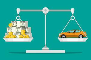 Balance Waage mit Geld und Wagen. Dollar Stapel und Gold Münzen, Fahrzeug Kauf Konzept. Vektor Illustration im eben Stil
