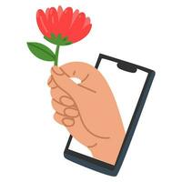 en hand från de telefon skärm ger en blomma. blomma leverans, uppkopplad beställning, handla, mobil app begrepp. vektor illustration, ritad för hand. hjärtans dag, födelsedag, mors dag