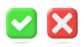3d rätt och fel knapp i fyrkant form. grön ja och röd Nej korrekt felaktig tecken. bock bock avslag, Avbryt, fel, sluta, negativ, avtal godkännande eller förtroende symbol. vektor illustration