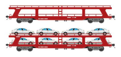 bil bärare vagn isolerat på vit bakgrund. frakt flatbil med bilar. del av frakt tåg. industriell järnväg transport. platt vektor illustration