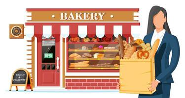 Bäckerei Geschäft Gebäude Fassade mit Frau Kunde. Backen speichern, Cafe, brot, Gebäck und Dessert Geschäft. Vitrinen mit verschiedene Brot und Kuchen Produkte. Markt oder Supermarkt. eben Vektor Illustration