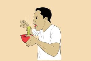 Mann isst Nudeln aus der Seitenansicht. hand gezeichnete stilvektordesignillustrationen vektor