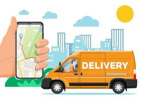 Orange Lieferung van und Smartphone mit Navigation App. ausdrücken liefern Dienstleistungen kommerziell LKW. Konzept von schnell und kostenlos Lieferung durch Wagen. Ladung und Logistik. Karikatur eben Vektor Illustration