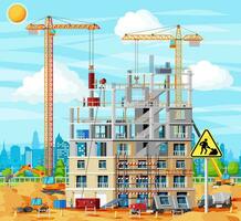 Konstruktion Seite? ˅ Banner. LKW Auto, Arbeitskräfte, Beton Haufen, Turm Kran. unter Konstruktion Design Hintergrund. Gebäude Materialien und Ausrüstung. Stadtbild, Horizont. Karikatur eben Vektor Illustration