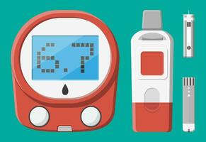 testning blod glukos begrepp. glukometer, testa remsor och lansett. testa Utrustning och medicin. sjukvård, sjukhus och medicinsk diagnostik. brådskande karaktär tjänster. platt vektor illustration