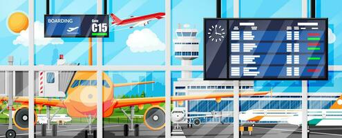 Flugzeug Vor abheben. Flughafen Steuerung Turm, Fluggastbrücke, Terminal Gebäude und Parkplatz Bereich. International Flughafen Konzept. Stadtbild, Flugzeug im Himmel mit Wolken und Sonne. eben Vektor Illustration