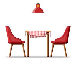 hölzern Tabelle mit Tischdecke, zwei Stühle und Lampe. modern Essen Zimmer Möbel isoliert auf Weiß. Haus, Cafe oder Restaurant. Karikatur eben Vektor Illustration.