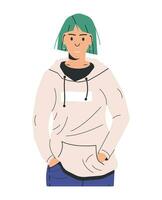 Frau im beiläufig Kleider isoliert. modern Mädchen im Kapuzenpullover und Jeans. weiblich Charakter im beiläufig Kleidung. Grün kurz Haar Wildfang im täglich Outfit. Karikatur eben Vektor Illustration