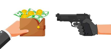 Bandit mit Gewehr und Mann mit Brieftasche voll von Geld. Hand halten Pistole und Ein weiterer Hand geben oder Angebot Geld Rechnungen und Münzen. Raub und kriminell Konzept. eben Vektor Illustration