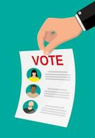 valsedel papper med kandidater. hand med val räkningen. rösta dokumentera med ansikten. vektor illustration i platt stil