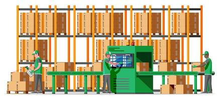 transportband bälte maskin begrepp i lager. modern fabrik Utrustning. lager bearbeta service. paket röntgen bagage. säkerhet, logistisk och leverans. tecknad serie platt vektor illustration