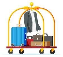 hotell bagage vagn med portfölj, kostym och resväska. hotell bagage vagn full av påsar isolerat. säckkärra för transport i hotell eller flygplats. semester och resa. platt vektor illustration