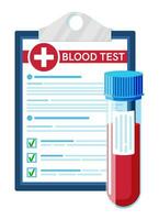 testa rör med blod prov, medicinsk form med resultat data isolerat. allmän blod analys. laboratorium behållare, röd flytande. medicinsk plast väska. forskning analys. platt vektor illustration