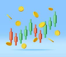 3d tillväxt stock diagram med gyllene mynt. framställa stock ljus med pengar visar tillväxt eller Framgång. finansiell Artikel, företag investering, finansiell marknadsföra handel. pengar och bankverksamhet. vektor illustration