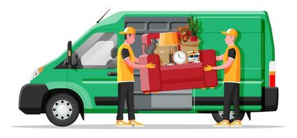 leverans skåpbil full av Hem grejer inuti. rör på sig till ny hus. familj omplacerad till ny Hem. lådor med varor. paket transport. dator, lampa, kläder, böcker. platt vektor illustration