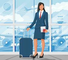 kvinna med resa väska. turist med resväska, pass, biljett, ombordstigning passera i flygplats. affärskvinna med bagage. företag kvinna med bagage. företag flyg begrepp. platt vektor illustration