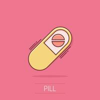 vektor tecknad serie kapsel piller läsplatta ikon i komisk stil. medicinsk piller begrepp illustration piktogram. kapsel och läkemedel företag stänk effekt begrepp.