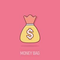 vektor tecknad serie pengar väska ikon i komisk stil. moneybag med dollar illustration piktogram. pengar kontanter säck stänk effekt begrepp.