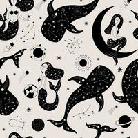magisch nahtlos Muster mit Meerjungfrauen, Wale, Sterne, Tierkreis Zeichen, Planeten, Mond, Sonne, Meteoriten. vektor