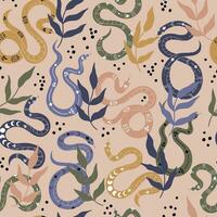 sömlös mönster med färgrik ormar och löv. vektor