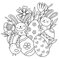 påsk färg med ägg, blommor och kanin. vektor