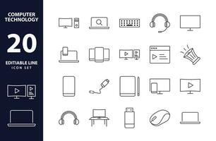 Digitronik Linie Symbole Vektor Illustration von editierbar Computer Technologie Symbole im glatt Gliederung Stil, mit Monitore, Smartphones, Tablets, Laptops, elektronisch Geräte, Schreibtisch, Anzeige, Fahrt