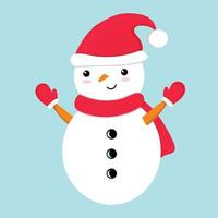 söt leende rolig snögubbe i röd tomtemössa, halsduk och vantar. festlig jul, nyår, vintersäsong baby kid karaktär vektor