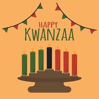 Happy Kwanzaa - süße einfache Grußkarte. afroamerikanischer ethnischer kultureller Weihnachtsfeiertag. Kerzenhalter Kinara mit traditionellen sieben Kerzen - schwarz, rot, grün vektor