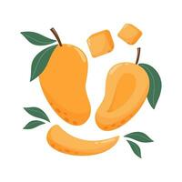 Mango Komposition mit Blätter. einstellen von Süss ganz, Scheibe, Würfel tropisch Frucht. Sommer- Vitamin Vektor abstrakt Illustration zum Banner, Poster, Flyer, Sozial Medien. Karikatur eben Stil.