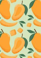 Mango Hintergrund mit ganze und Scheiben Früchte. Sommer- tropisch Vitamin Vektor Illustration zum Banner, Poster, Flyer, Karte, Notizbuch. a4 Format.