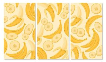 uppsättning av banan bakgrunder. sommar frukt vektor illustration i tecknad serie platt stil. för baner, affisch, flygblad, berättelser, omslag