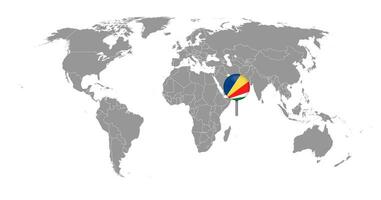 nålkarta med Seychellernas flagga på världskartan. vektor illustration.