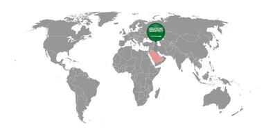 nålkarta med Saudiarabiens flagga på världskartan. vektor illustration.