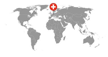 nålkarta med schweiz flagga på världskartan. vektor illustration.