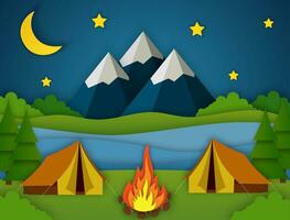 papper skära sommar natt landsape. landskap med gul tält, skog och bergen på de bakgrund. äventyr i natur, semester, och turism vektor illustration.