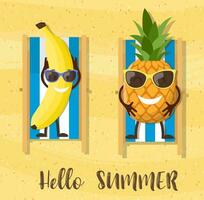 banan och ananas tecknad serie karaktär på strand. Semester bakgrund med banan och inskrift Hej sommar. vektor illustration i platt stil