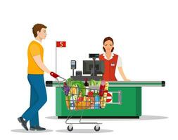 Menschen Einkaufen im Supermarkt. Frau Kassierer im Supermarkt. Kasse registrieren, Kassierer und Käufer mit Wagen. Vektor Illustration im eben Stil