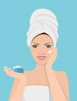 flicka användningar en kosmetisk ansiktsbehandling grädde. spa skönhet och hälsa begrepp. vektor illustration i platt stil