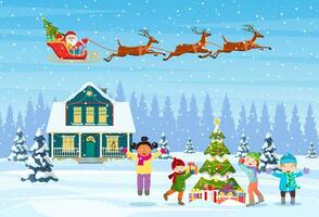 glücklich Neu Jahr und fröhlich Weihnachten Gruß Karte. Weihnachten Landschaft. Kinder dekorieren ein Weihnachten Baum. Winter Feiertage. Santa claus mit Hirsche im Himmel. Vektor Illustration im eben Stil