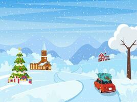 Auto mit Weihnachten Baum auf das Straße. Weihnachten Landschaft Hintergrund mit Schnee und Baum. fröhlich Weihnachten Urlaub. Neu Jahr und Weihnachten Feier. Vektor Illustration im eben Stil