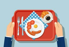 oben Aussicht von Frühstück auf Plastik Tablett. appetitlich köstlich Frühstück Kaffee, gebraten Ei mit Wurst, Croissant vektor