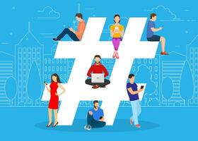 Hashtag Konzept. Menschen mit Handy, Mobiltelefon Tablette und Smartphone zum Senden Beiträge und Teilen Sie im Sozial Medien. Vektor Illustration im eben Stil