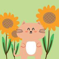 söt illustration tecknad serie katt och blomma. djur- tapet för kort, bakgrund vektor