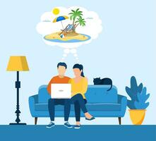 ung man och kvinna använder sig av en bärbar dator medan Sammanträde på en soffa. tecknad serie par dröm av reser, planera en hav semester, välja en tillflykt på de internet. vektor illustration i platt stil