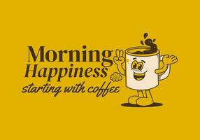 morgon- lycka startande med kaffe. årgång maskot karaktär av kaffe råna med Lycklig ansikte vektor
