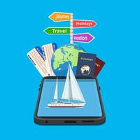 online Urlaub Reise Handy, Mobiltelefon App Konzept. geeignet zum Hintergrund, Banner, Hintergrund, Wegweiser Urlaub, reisen, Reise, Feiertage. Vektor Illustration im eben Stil