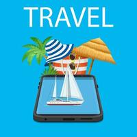 online Urlaub Reise Handy, Mobiltelefon App Konzept. geeignet zum Hintergrund, Banner, Hintergrund, Karte, Buch Illustration, Netz und Landung Seite Konzept. Vektor Illustration im eben Stil