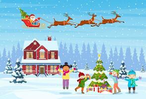 Lycklig ny år och glad jul hälsning kort. jul landskap. barn dekorera en jul träd. vinter- högtider. santa claus med hjortar i himmel. vektor illustration i platt stil
